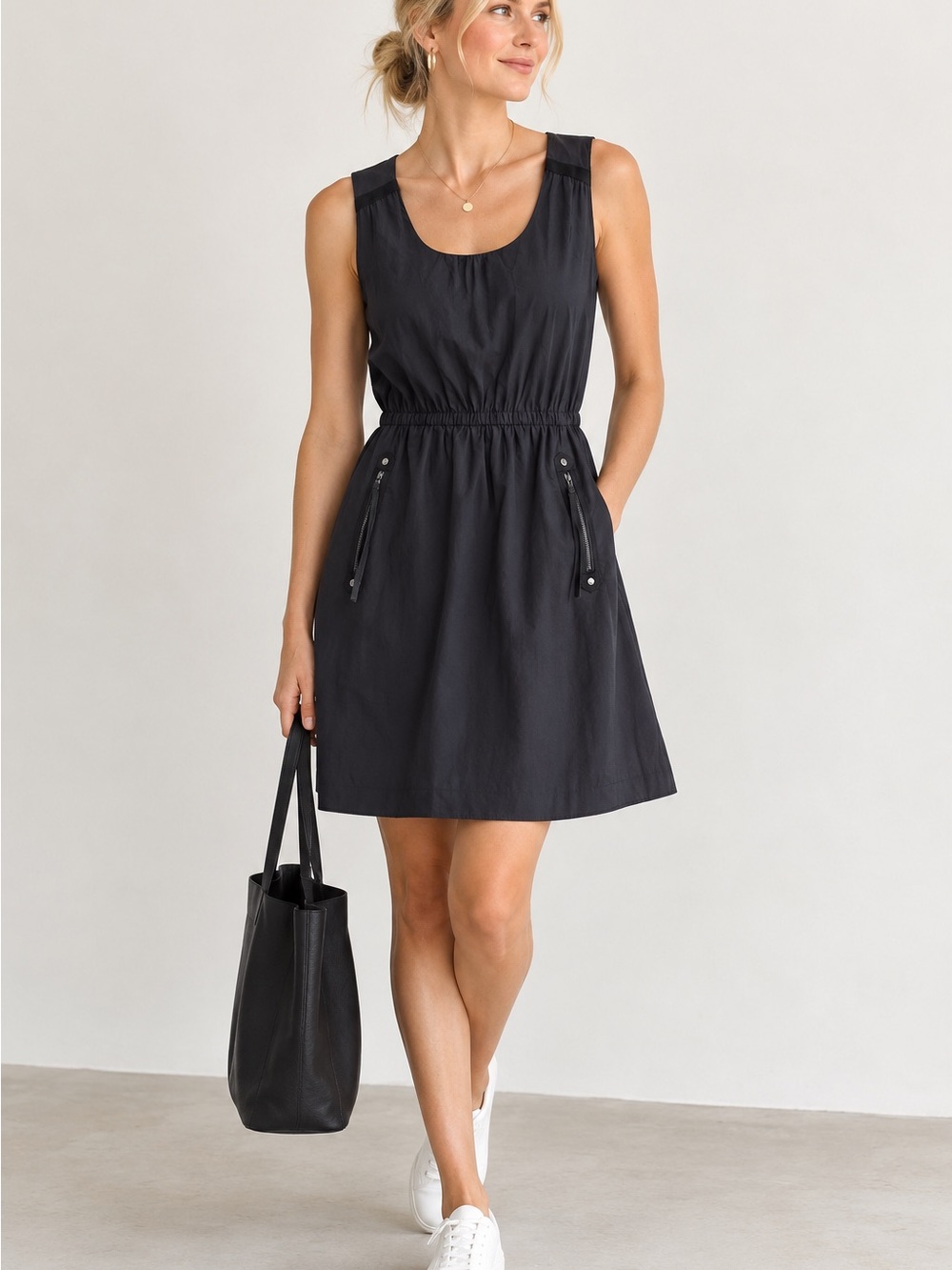 Ann Taylor LOFT Size 0 Black Sleeveless Zip Pocket Utility Fit Flare Dress Moto
